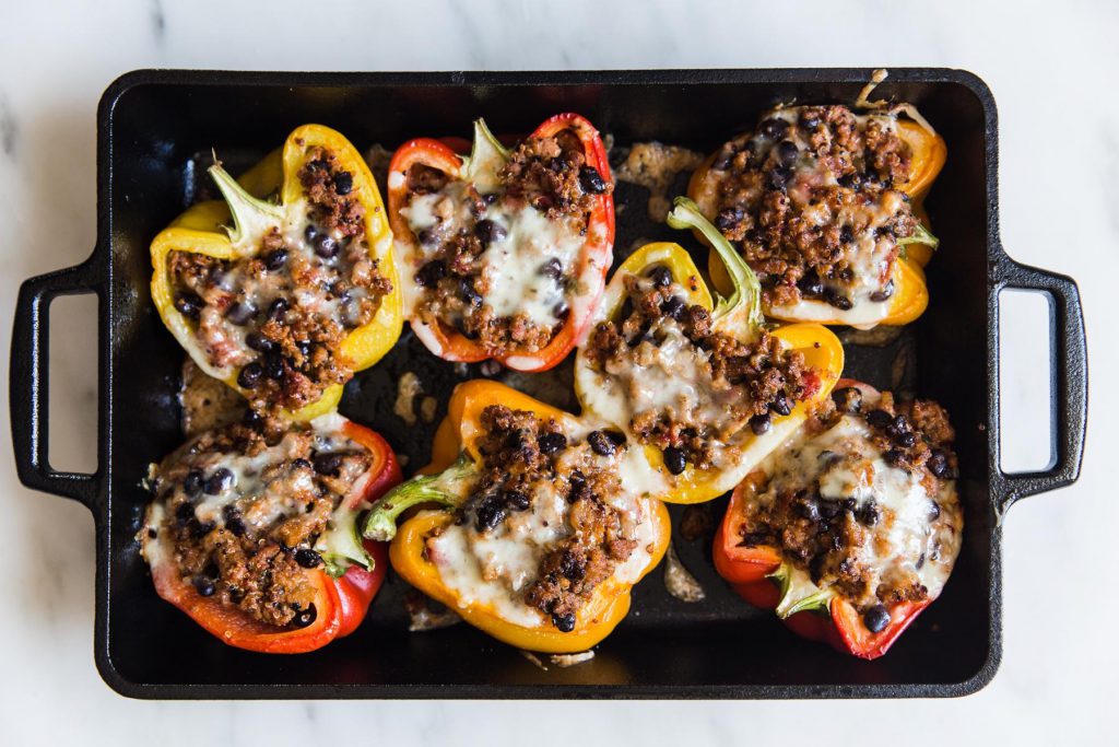 A pan of stuffed peppers