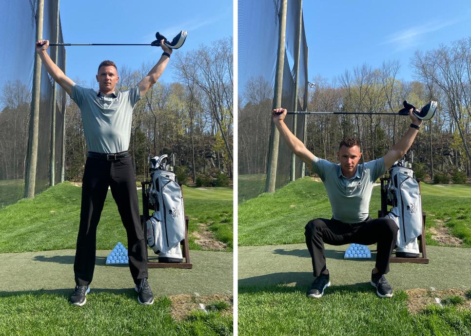 A man squatting with his golf club