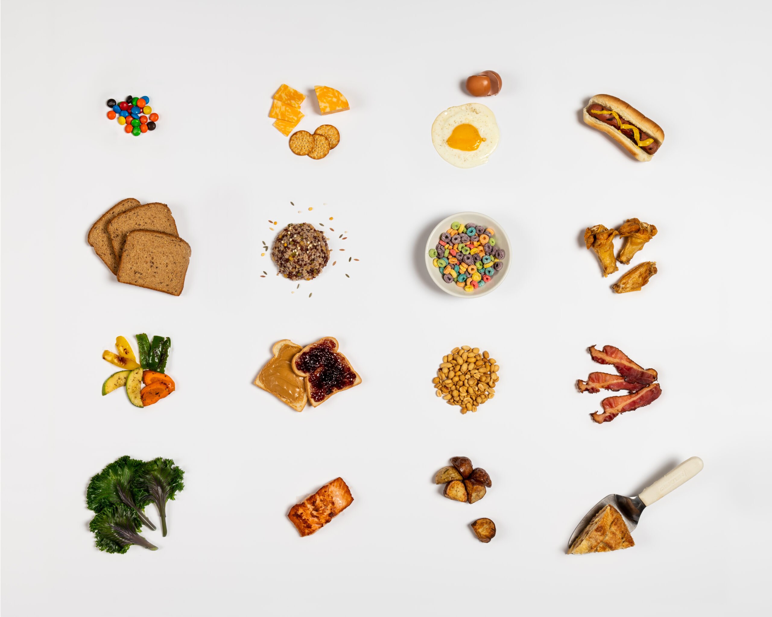 An array of foods on a white background